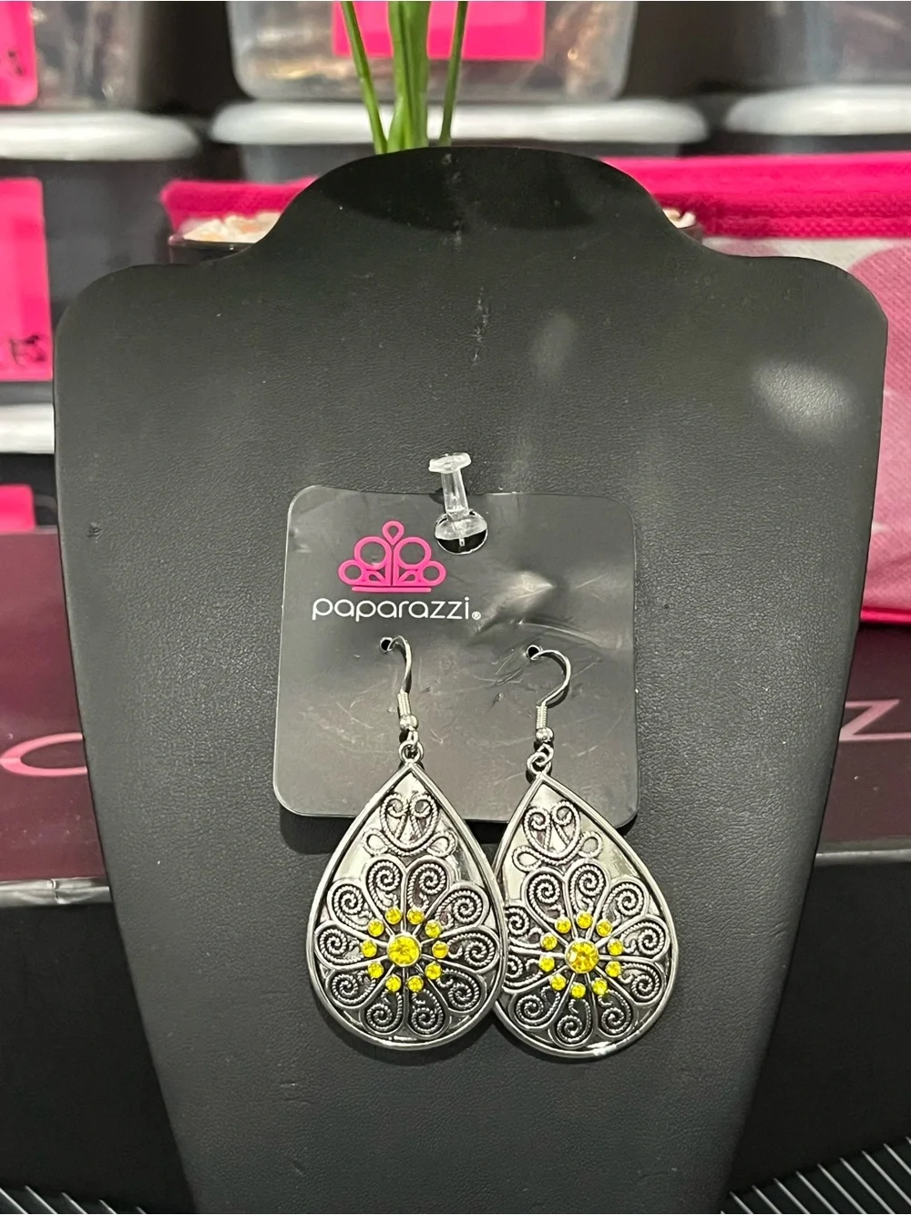 paparazzi Silver Teardrop Filigree Earrings with Yellow Stones